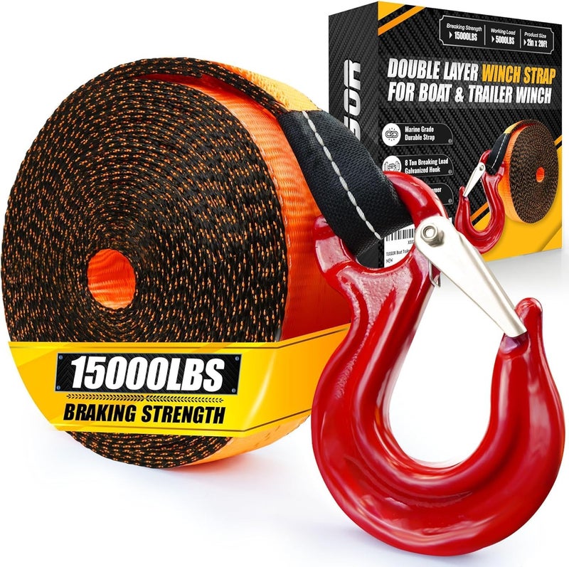 TUSGOR [PREMIUM] Boat Trailer Winch Strap With Supper Steel Hook, 15000 LBS Break Strength, Two Layers Winch Strap, Winch Pulley Strap For Boat Trailer Replacement, Towing Vehicles & Boat Accessories 2"x20' - Image 1